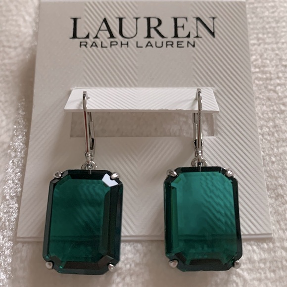 Lauren Ralph Lauren Silver Emerald Stone Drop Earrings - Picture 3 of 7